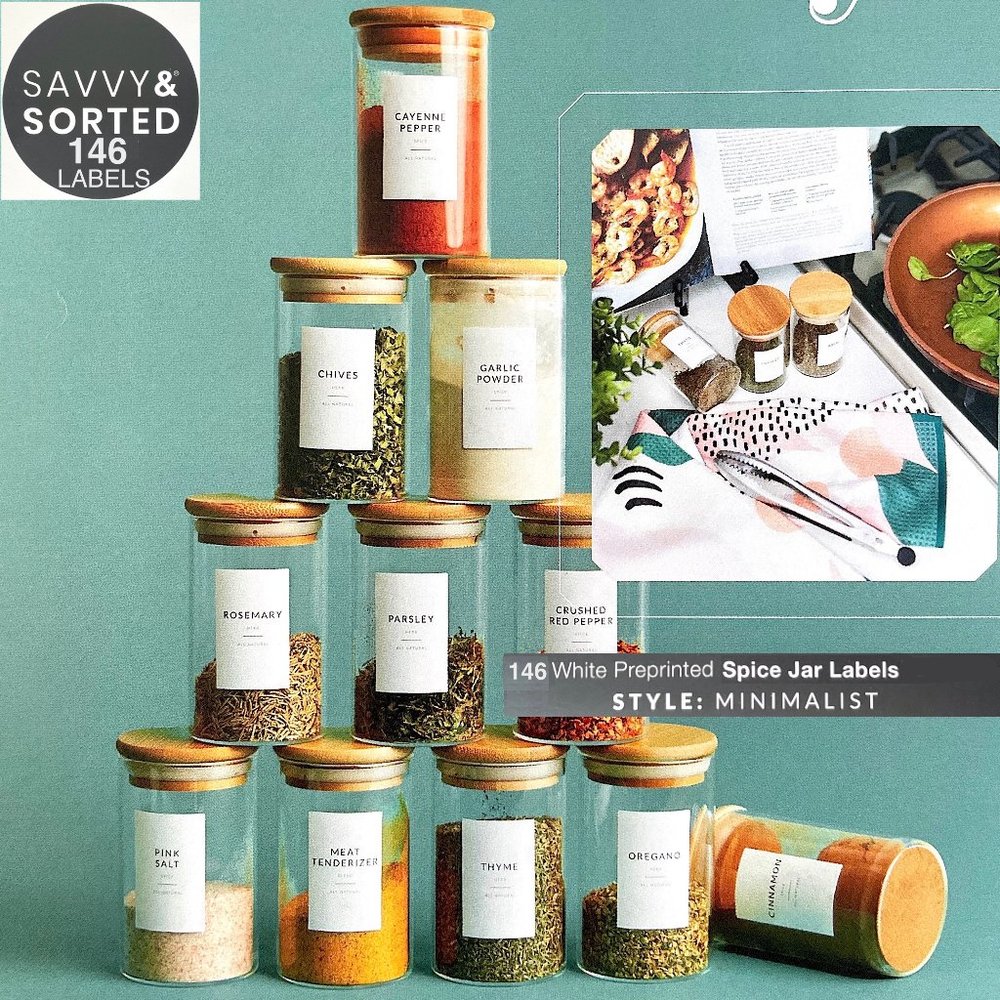 🆕 146 MINIMALIST SPICE JAR LABELS SET - Waterproof Labels ~ White w/ Black Font